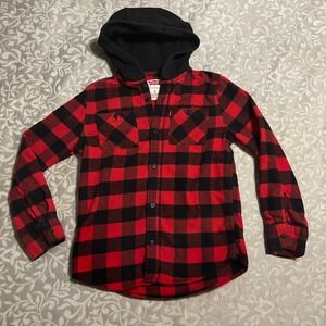 Levi's Hooded Flannel Boys Size 8 Red Black Plaid (B16)
